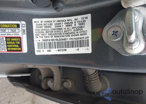 2009 Honda Civic Lx z USA, uszkodzony, nr VIN 1HGFA16519L024451